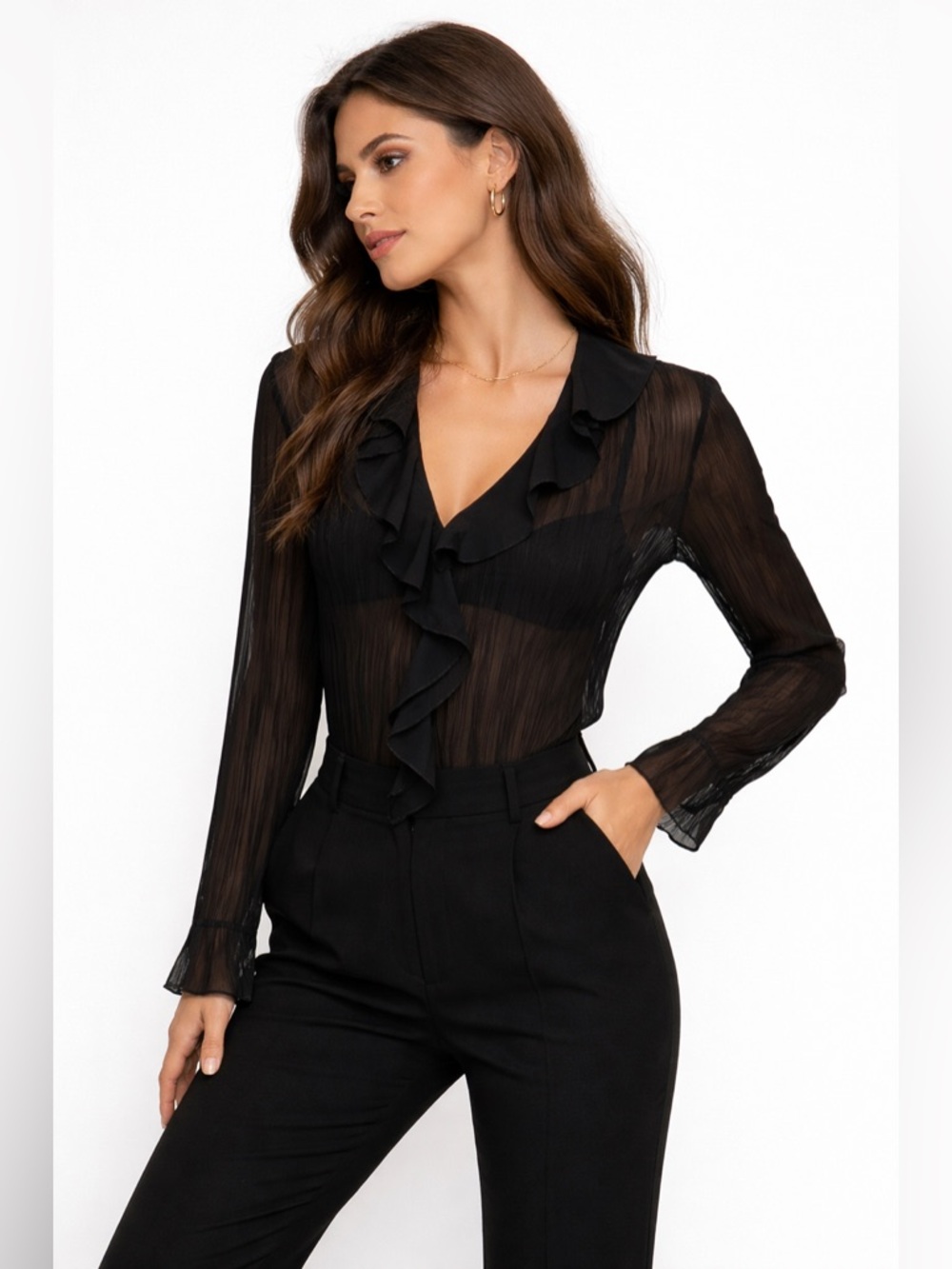 Scotch & Soda Black Sheer Pleated Ruffle Blouse Size S